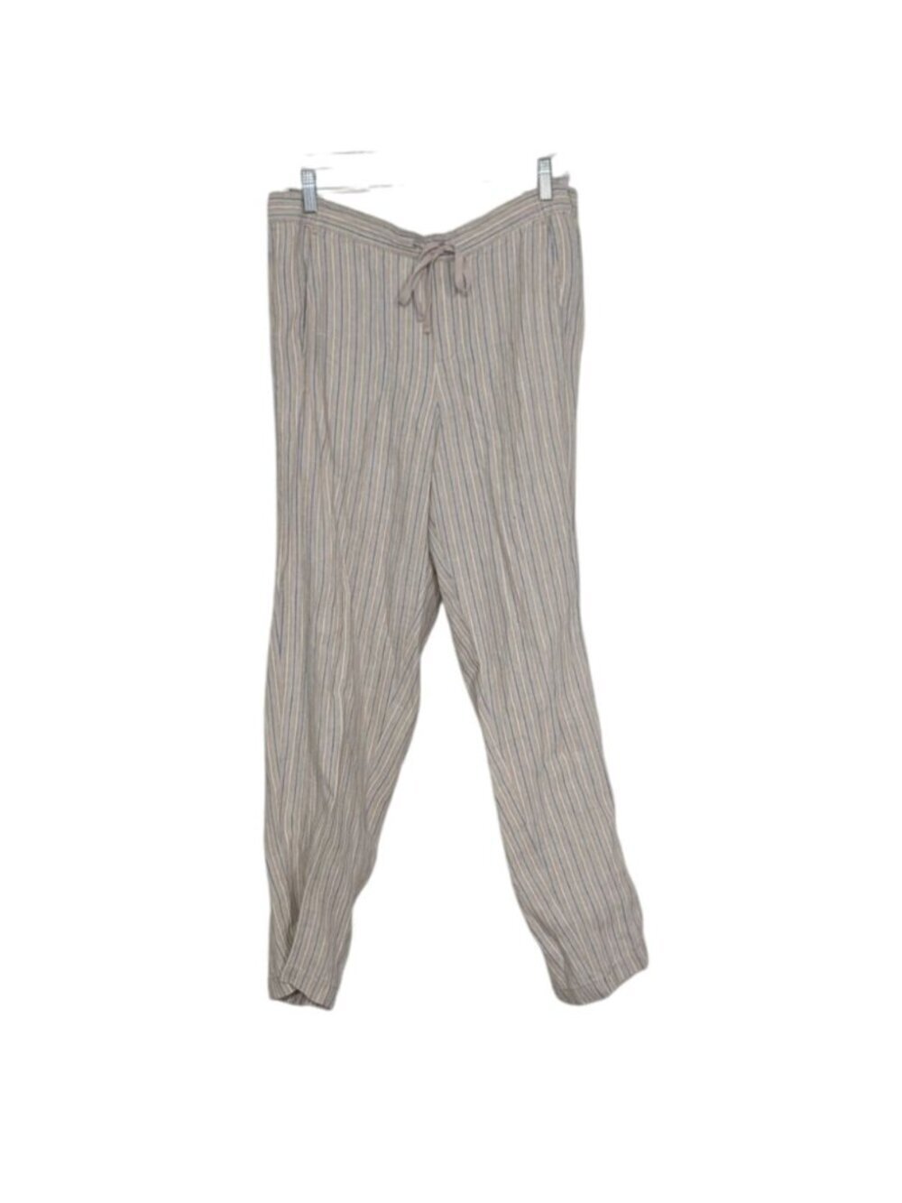 J Jill Love Linen Stripe Pants Womens Size Medium Beige Blue Drawstring Coastal